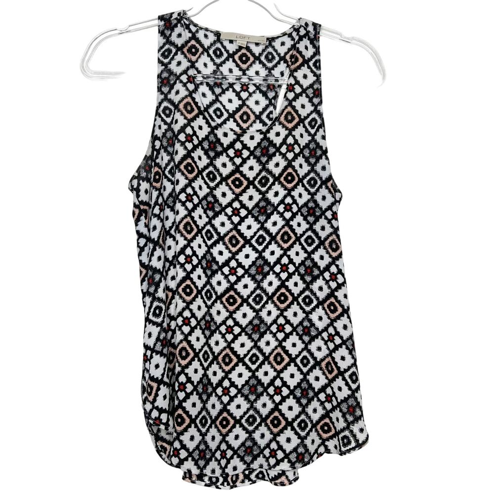 LOFT Geo Print Sleeveless Tunic Blouse Tank Top Scoop Neck Black White Size SP